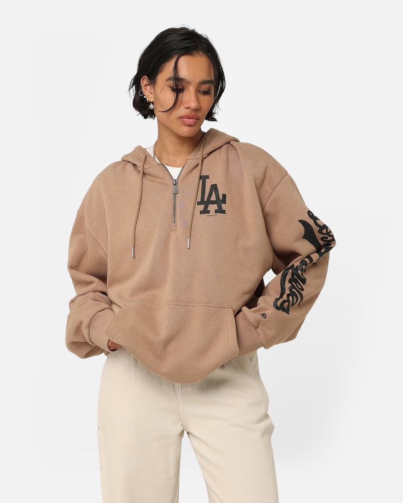 New Era Los Angeles Dodgers Quarter Zip Sleeve Script Hoodie Khaki/Bla ...