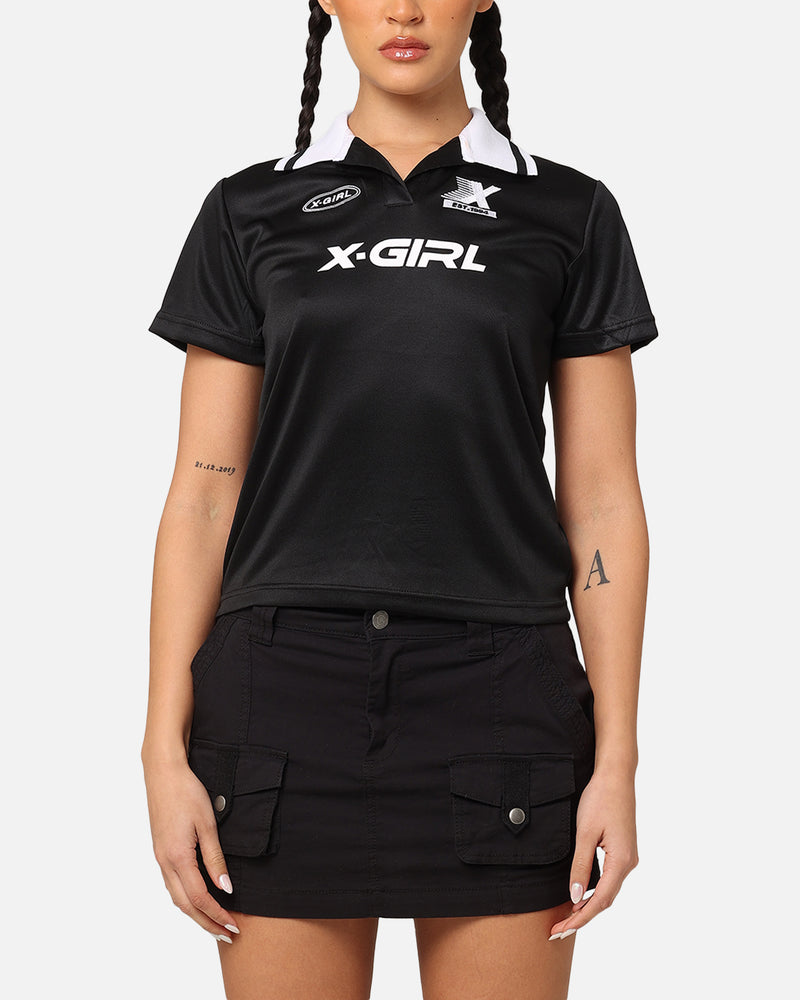 X-Girl Women's Solid Football Short Sleeve Polo Shirt Black/White