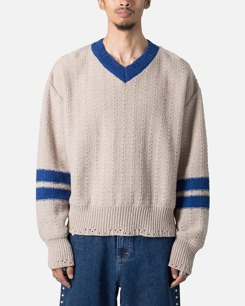 MNML Varsity V Neck Sweater Off White/Blue
