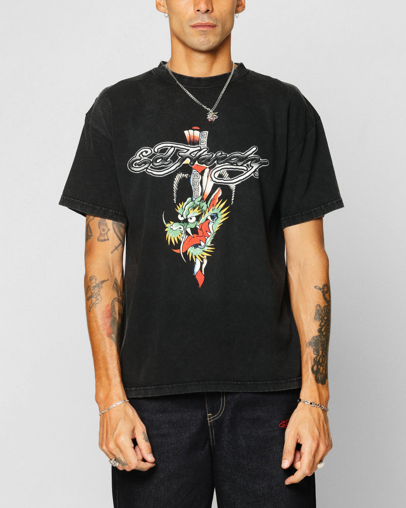 ED HARDY Ed Hardy Dragon Logo T-Shirt Black Acidwash