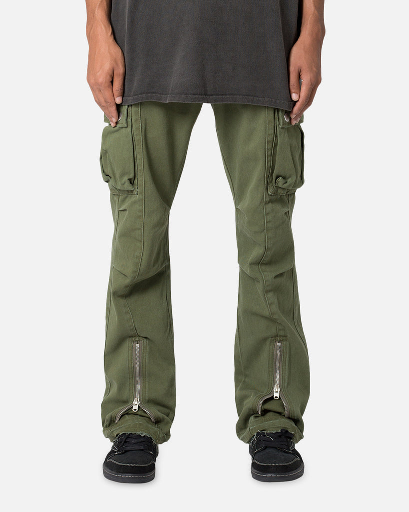 MNML Front Zip Flare Cargo Pants Olive | Culture Kings