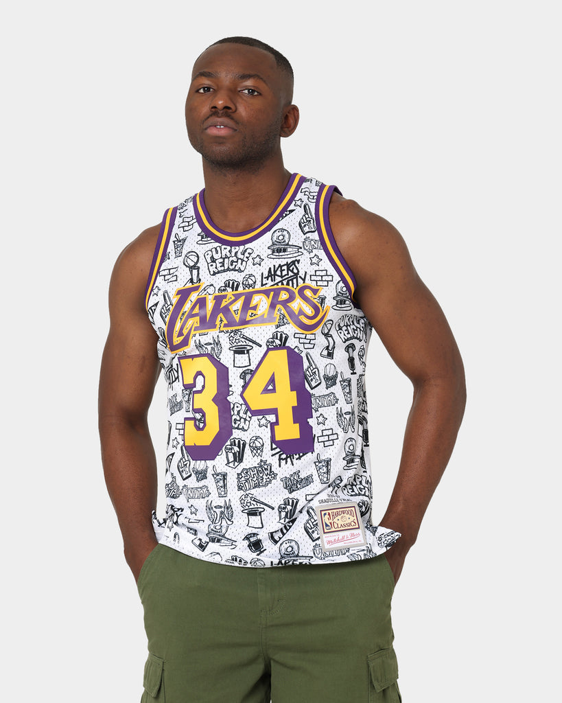 Women's Mitchell & Ness Shaquille O'Neal White Los Angeles Lakers 1996 Doodle Swingman Jersey Size: Large