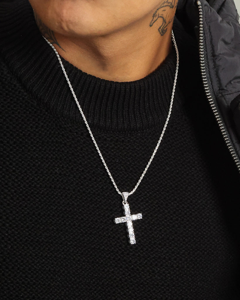 NXS Iced Cross Pendant Iced White Gold | Culture Kings