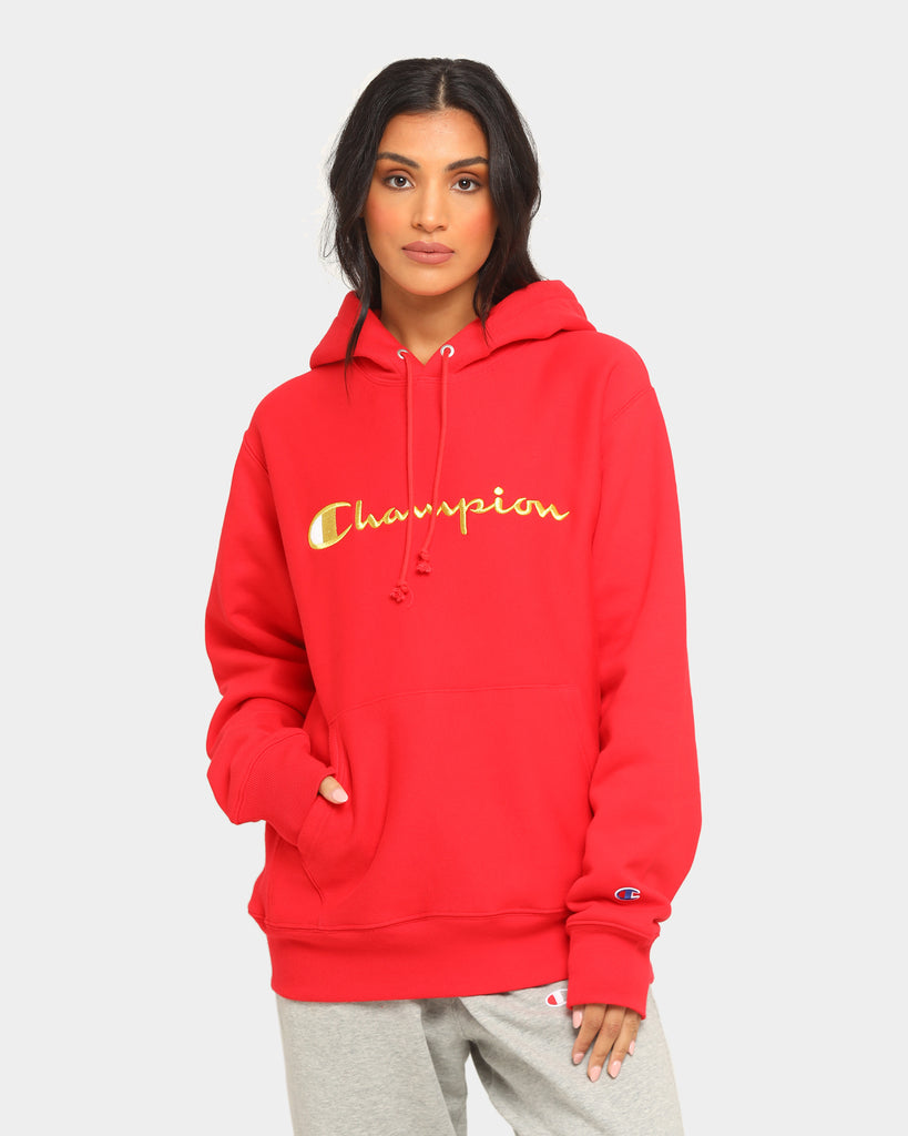 Champion Men's Rev Weave Embroidered Script Hoodie Red/Gold | Culture Kings
